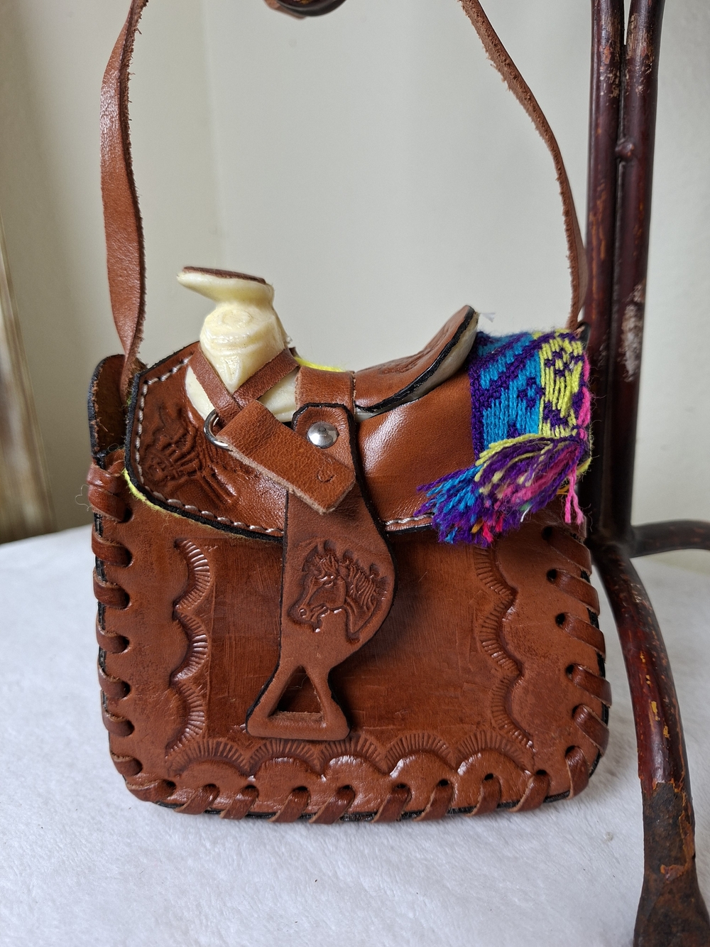 Handmade Brown Leather Western Saddle Crossbody Bag with Colorful Accent